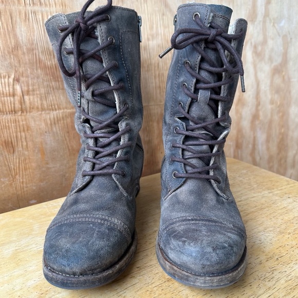 All Saints Spitalfields Gray Brown Combat Moto Lace Up Side Zip Distressed Boot - Picture 3 of 15